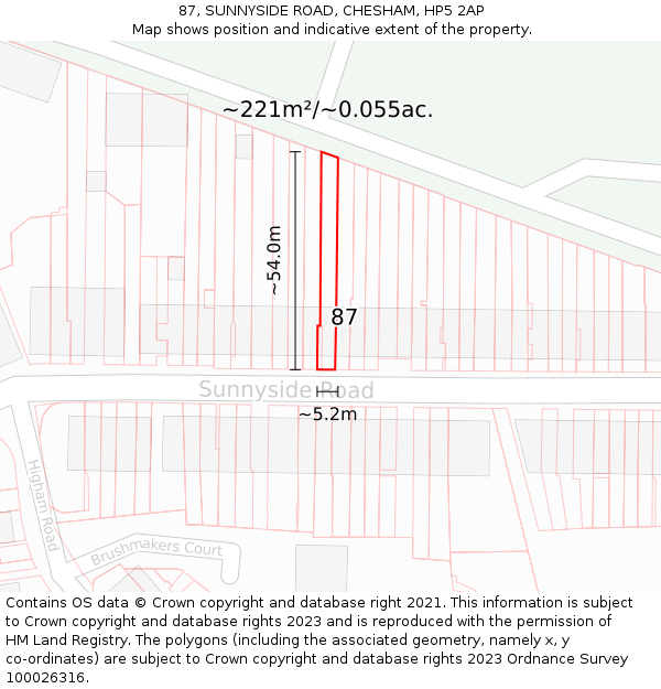 87, SUNNYSIDE ROAD, CHESHAM, HP5 2AP: Plot and title map