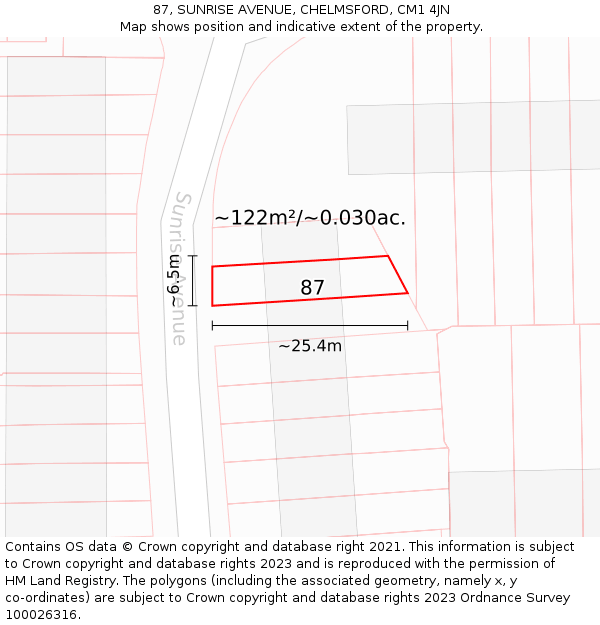 87, SUNRISE AVENUE, CHELMSFORD, CM1 4JN: Plot and title map