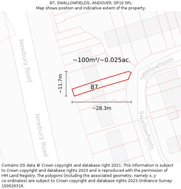 87, SWALLOWFIELDS, ANDOVER, SP10 5PL: Plot and title map