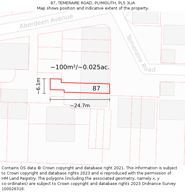 87, TEMERAIRE ROAD, PLYMOUTH, PL5 3UA: Plot and title map