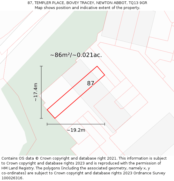 87, TEMPLER PLACE, BOVEY TRACEY, NEWTON ABBOT, TQ13 9GR: Plot and title map