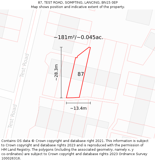 87, TEST ROAD, SOMPTING, LANCING, BN15 0EP: Plot and title map