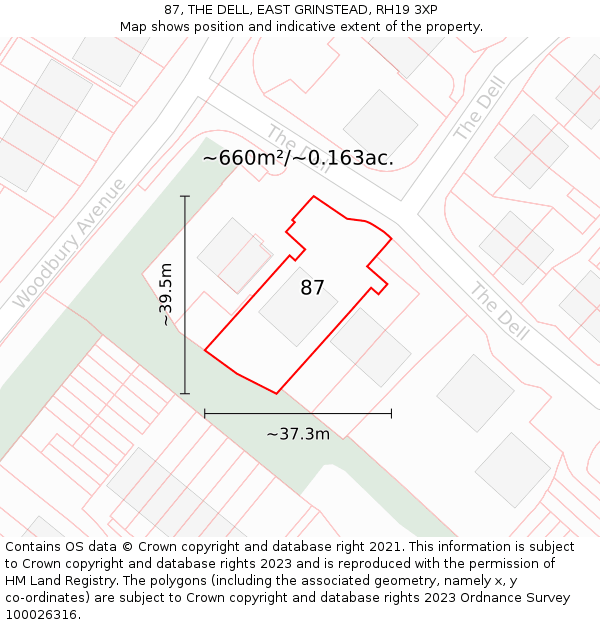 87, THE DELL, EAST GRINSTEAD, RH19 3XP: Plot and title map