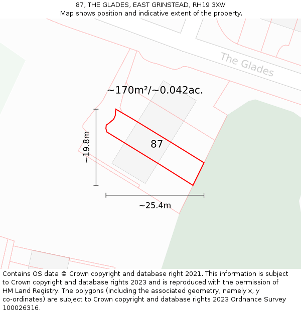 87, THE GLADES, EAST GRINSTEAD, RH19 3XW: Plot and title map
