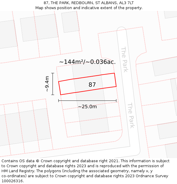87, THE PARK, REDBOURN, ST ALBANS, AL3 7LT: Plot and title map