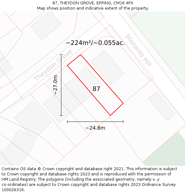 87, THEYDON GROVE, EPPING, CM16 4PX: Plot and title map