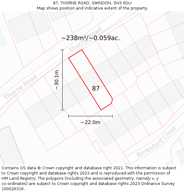 87, THORNE ROAD, SWINDON, SN3 6DU: Plot and title map