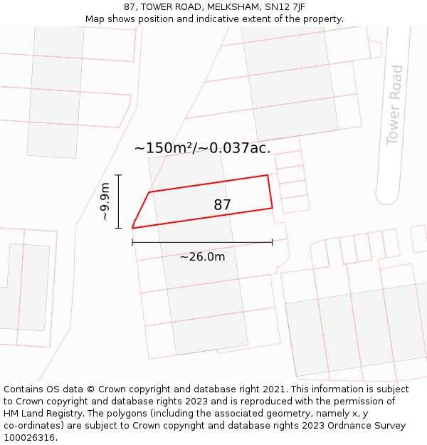 87, TOWER ROAD, MELKSHAM, SN12 7JF: Plot and title map