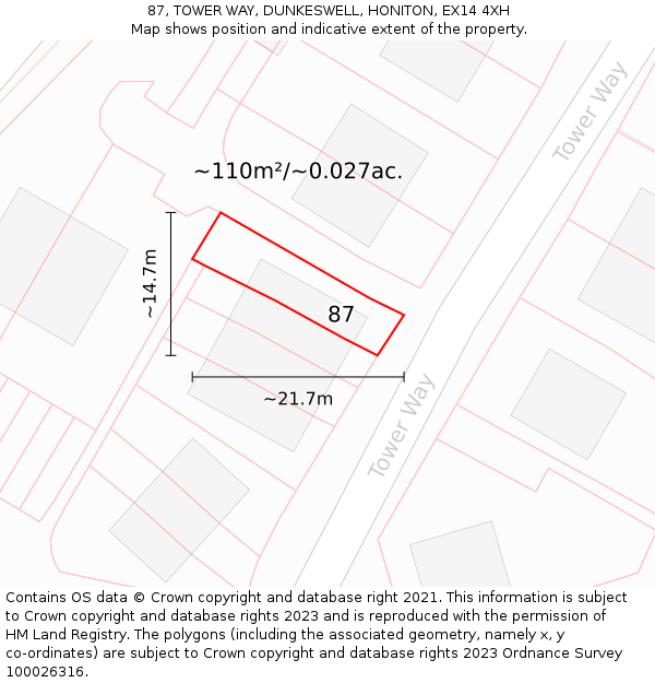 87, TOWER WAY, DUNKESWELL, HONITON, EX14 4XH: Plot and title map