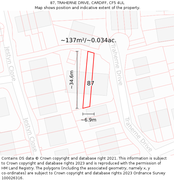 87, TRAHERNE DRIVE, CARDIFF, CF5 4UL: Plot and title map