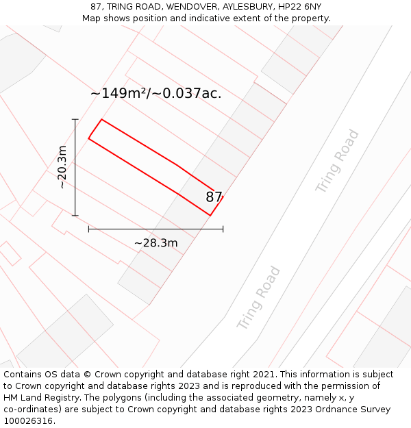 87, TRING ROAD, WENDOVER, AYLESBURY, HP22 6NY: Plot and title map