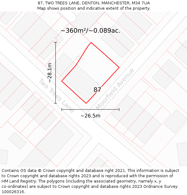 87, TWO TREES LANE, DENTON, MANCHESTER, M34 7UA: Plot and title map