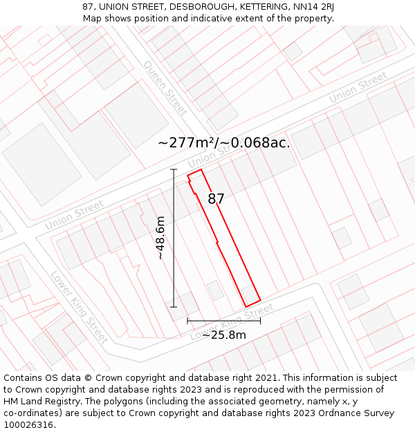87, UNION STREET, DESBOROUGH, KETTERING, NN14 2RJ: Plot and title map