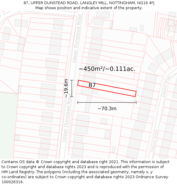 87, UPPER DUNSTEAD ROAD, LANGLEY MILL, NOTTINGHAM, NG16 4FJ: Plot and title map