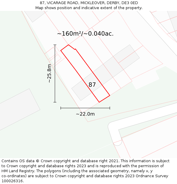 87, VICARAGE ROAD, MICKLEOVER, DERBY, DE3 0ED: Plot and title map