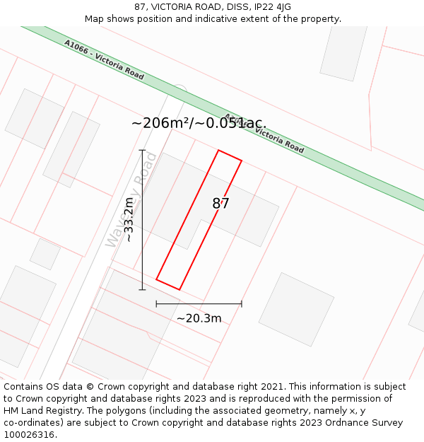 87, VICTORIA ROAD, DISS, IP22 4JG: Plot and title map
