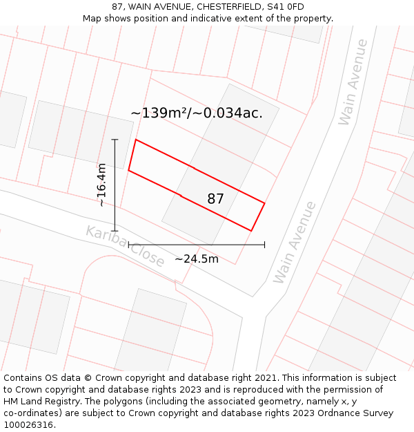87, WAIN AVENUE, CHESTERFIELD, S41 0FD: Plot and title map