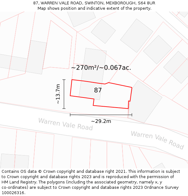 87, WARREN VALE ROAD, SWINTON, MEXBOROUGH, S64 8UR: Plot and title map