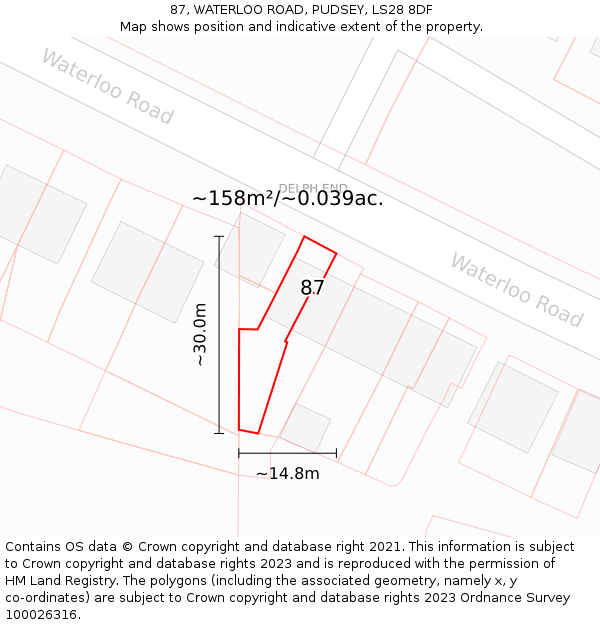 87, WATERLOO ROAD, PUDSEY, LS28 8DF: Plot and title map