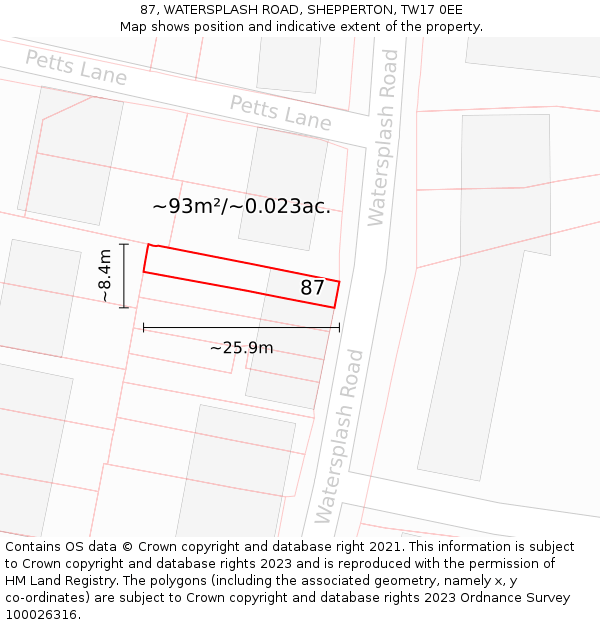 87, WATERSPLASH ROAD, SHEPPERTON, TW17 0EE: Plot and title map