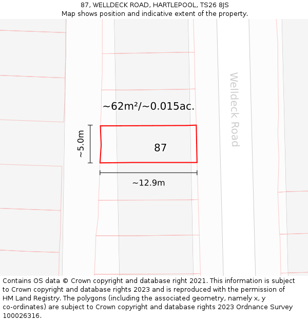 87, WELLDECK ROAD, HARTLEPOOL, TS26 8JS: Plot and title map