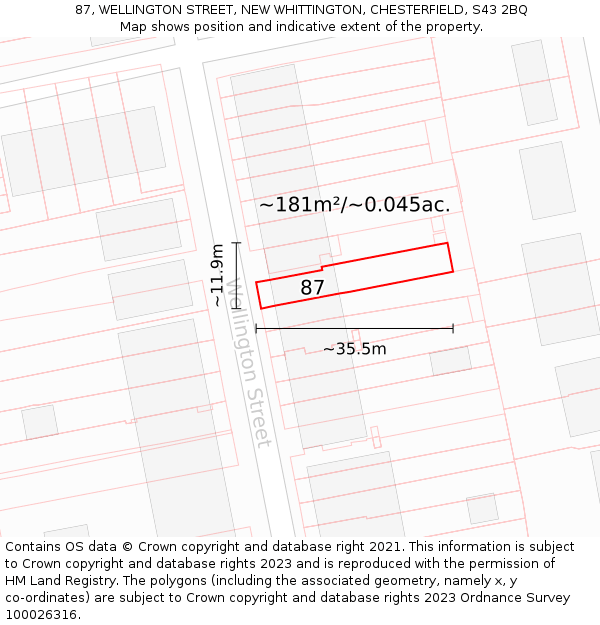 87, WELLINGTON STREET, NEW WHITTINGTON, CHESTERFIELD, S43 2BQ: Plot and title map