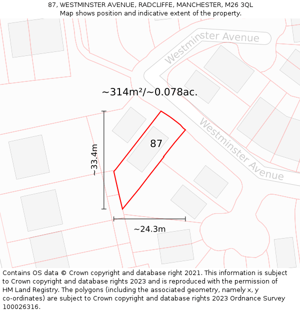 87, WESTMINSTER AVENUE, RADCLIFFE, MANCHESTER, M26 3QL: Plot and title map