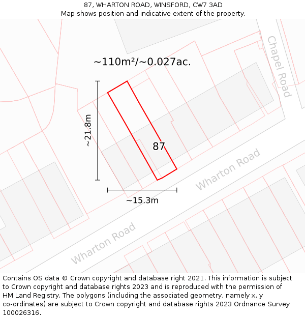 87, WHARTON ROAD, WINSFORD, CW7 3AD: Plot and title map