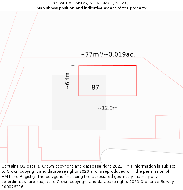 87, WHEATLANDS, STEVENAGE, SG2 0JU: Plot and title map