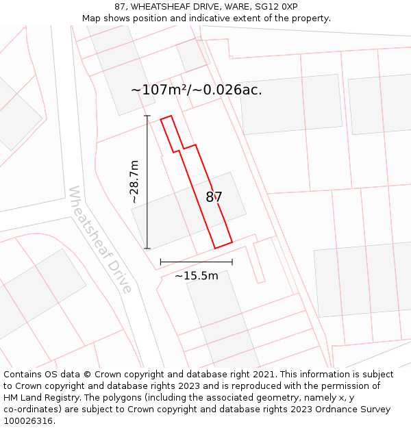 87, WHEATSHEAF DRIVE, WARE, SG12 0XP: Plot and title map