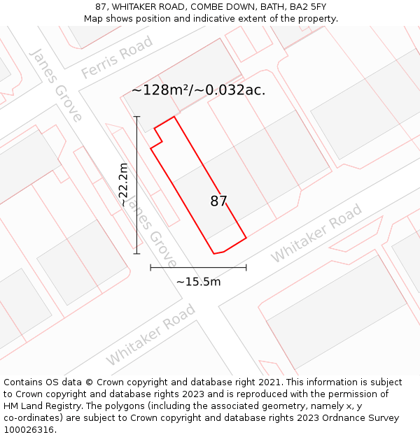 87, WHITAKER ROAD, COMBE DOWN, BATH, BA2 5FY: Plot and title map
