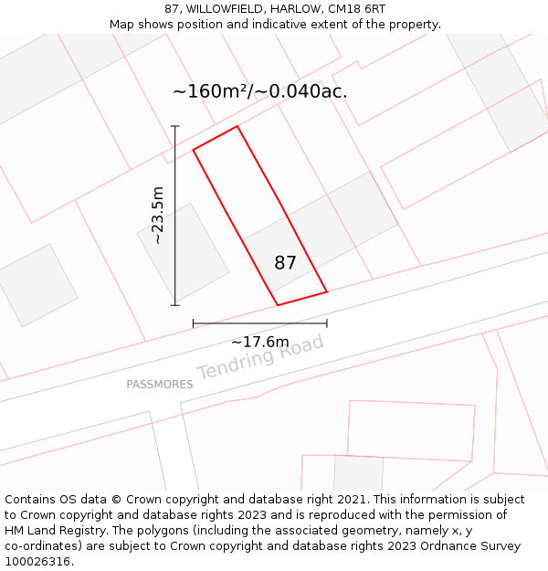 87, WILLOWFIELD, HARLOW, CM18 6RT: Plot and title map