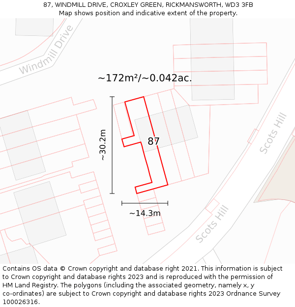 87, WINDMILL DRIVE, CROXLEY GREEN, RICKMANSWORTH, WD3 3FB: Plot and title map