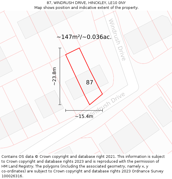 87, WINDRUSH DRIVE, HINCKLEY, LE10 0NY: Plot and title map