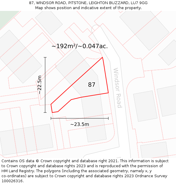 87, WINDSOR ROAD, PITSTONE, LEIGHTON BUZZARD, LU7 9GG: Plot and title map