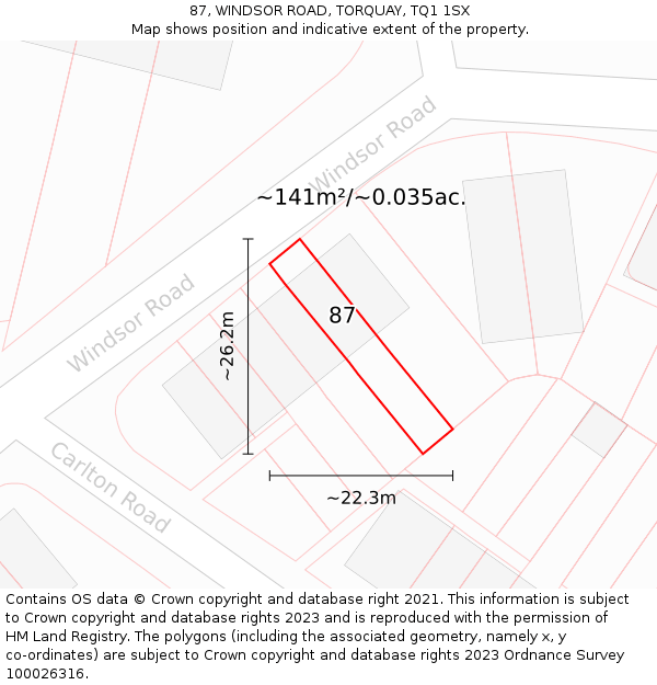 87, WINDSOR ROAD, TORQUAY, TQ1 1SX: Plot and title map
