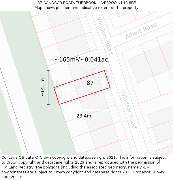 87, WINDSOR ROAD, TUEBROOK, LIVERPOOL, L13 8BB: Plot and title map