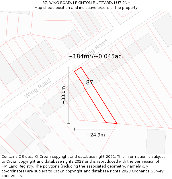 87, WING ROAD, LEIGHTON BUZZARD, LU7 2NH: Plot and title map