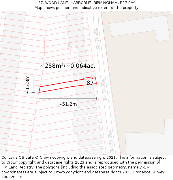 87, WOOD LANE, HARBORNE, BIRMINGHAM, B17 9AY: Plot and title map