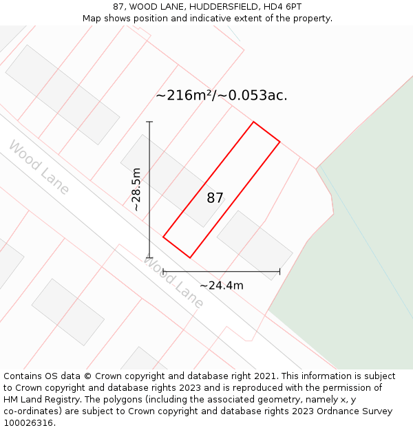 87, WOOD LANE, HUDDERSFIELD, HD4 6PT: Plot and title map