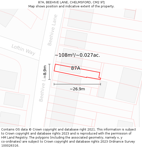 87A, BEEHIVE LANE, CHELMSFORD, CM2 9TJ: Plot and title map