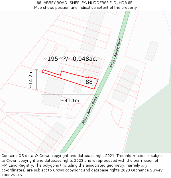 88, ABBEY ROAD, SHEPLEY, HUDDERSFIELD, HD8 8EL: Plot and title map