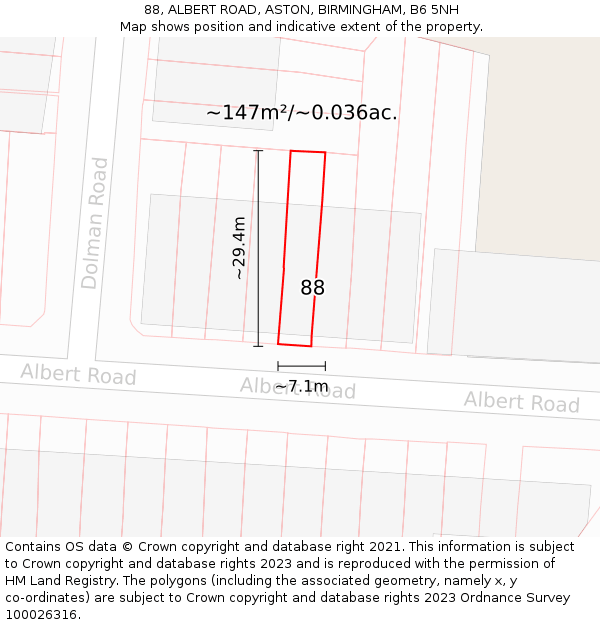 88, ALBERT ROAD, ASTON, BIRMINGHAM, B6 5NH: Plot and title map