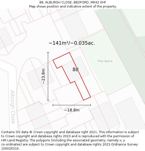88, ALBURGH CLOSE, BEDFORD, MK42 0HF: Plot and title map