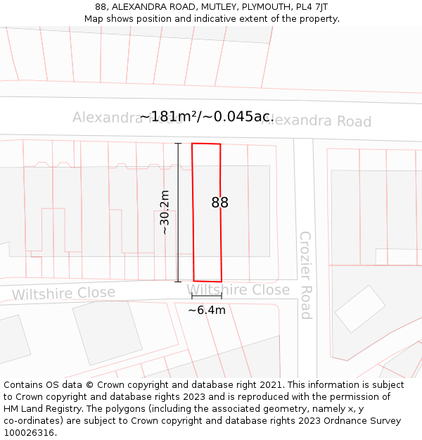 88, ALEXANDRA ROAD, MUTLEY, PLYMOUTH, PL4 7JT: Plot and title map