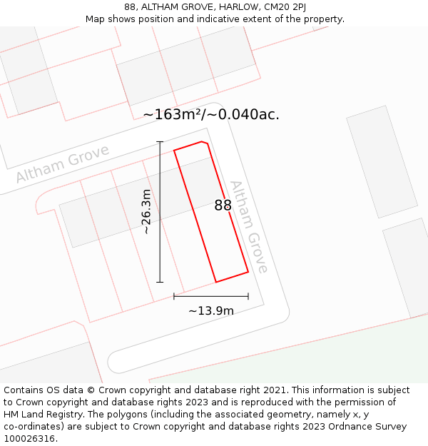 88, ALTHAM GROVE, HARLOW, CM20 2PJ: Plot and title map