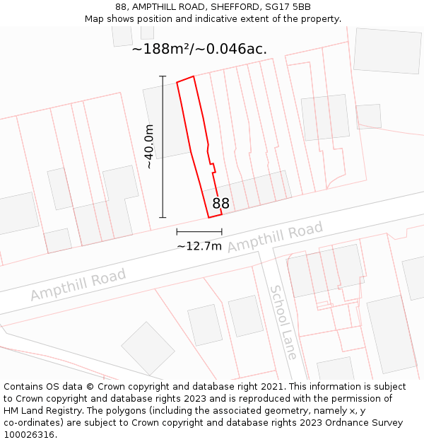 88, AMPTHILL ROAD, SHEFFORD, SG17 5BB: Plot and title map