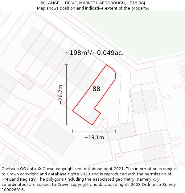 88, ANGELL DRIVE, MARKET HARBOROUGH, LE16 9GJ: Plot and title map