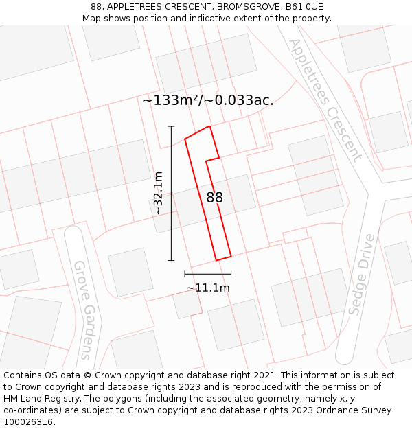 88, APPLETREES CRESCENT, BROMSGROVE, B61 0UE: Plot and title map