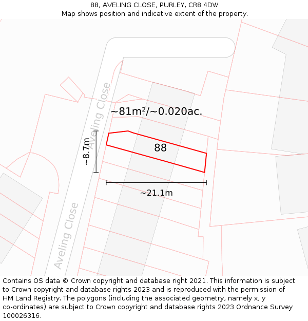 88, AVELING CLOSE, PURLEY, CR8 4DW: Plot and title map